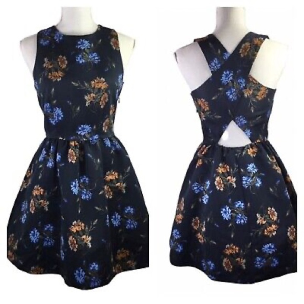 Zara Navy Floral Cross Back Cocktail Dress | M